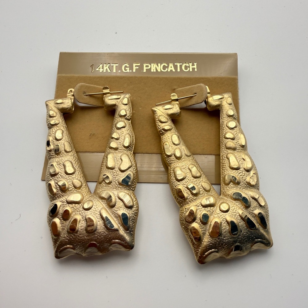 Gold Hoop Earrings 14K‎ Gold Filled Textured Giraffe Door Knocker Streetwear